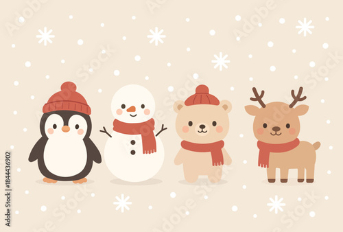 Cute winter friends in a cozy holiday wonderland.