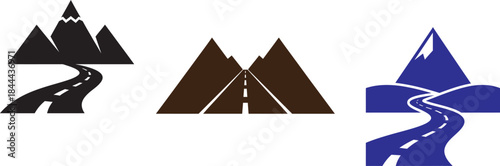 Three mountain and road icons in black, brown, and blue colors