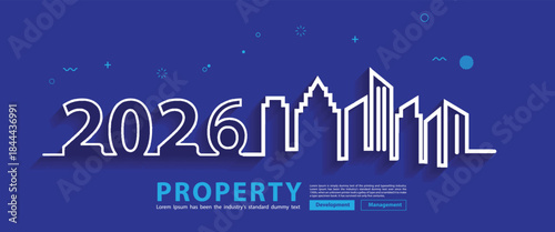 Vector illustration New year 2026 city skyline line art creative design, With property management development idea concept