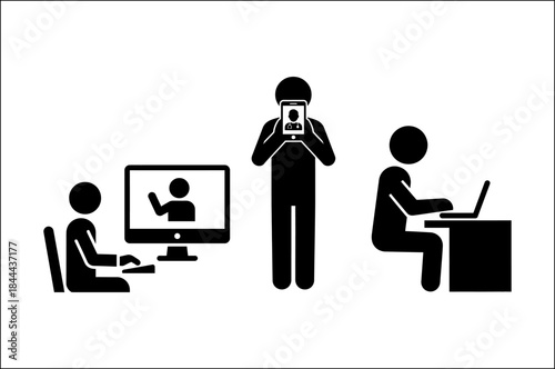 Black silhouettes of people working on computer and phone silhouettes