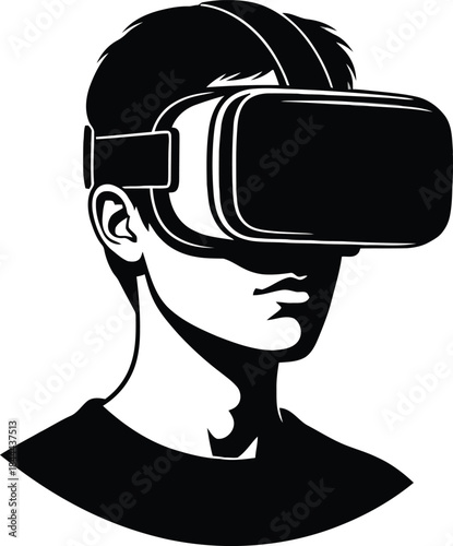 Man wearing a virtual reality headset in black and white illustration.