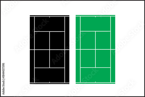 Tennis court diagram with black and green surfaces side by side