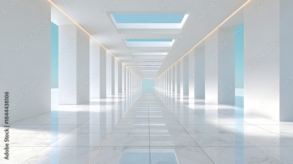 Naklejka premium Expansive minimalist corridor featuring symmetrical pillars ceiling skylights revealing blue sky and reflective marble floor conveying a sense of clean bright futuristic space