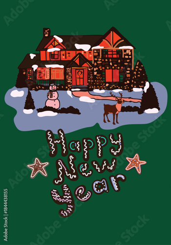 Christmas poster design, house in the snow, happy new year