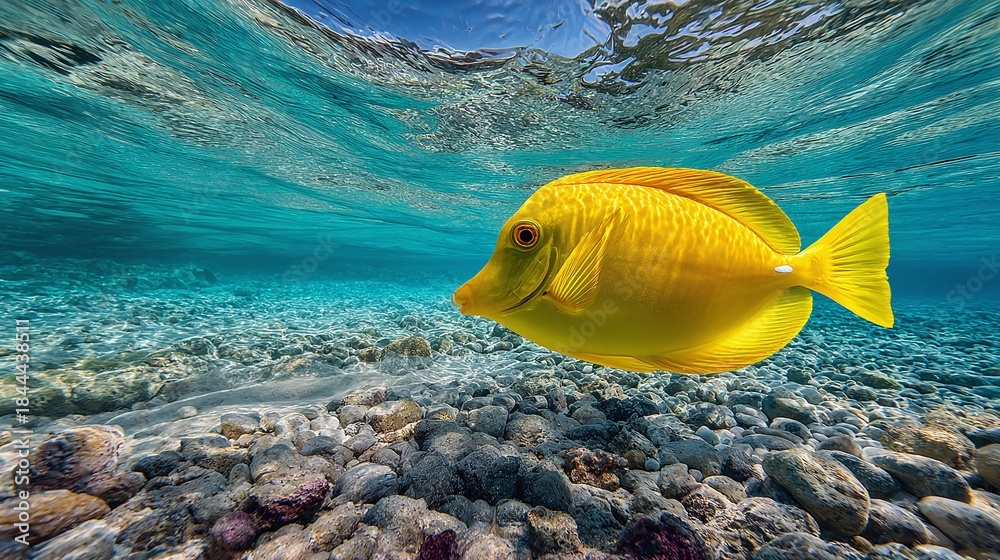 Naklejka premium Dive into the blue depths with a vibrant yellow tang. This underwater world is full of color and life, from the coral reefs to the sunny surface.