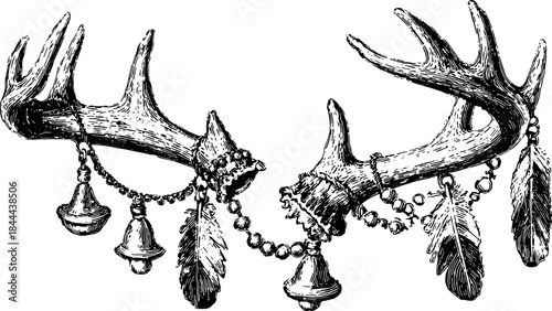 Antlers adorned with bells and feathers. Detailed vintage vector illustration showcasing rustic and decorative elements in black and white.