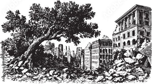 Tree amidst destroyed buildings in an urban landscape. Monochrome vector illustration shows the contrast between nature and city ruins in a detailed set.