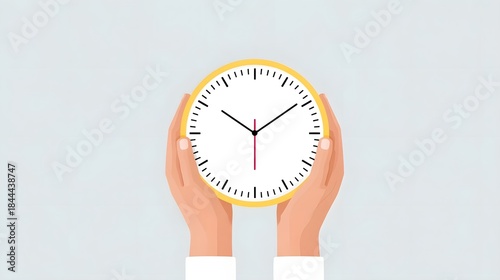 Conceptual minimalist illust n featuring hands holding a yellow analog clock representing punctuality scheduling time management and the passage of moments