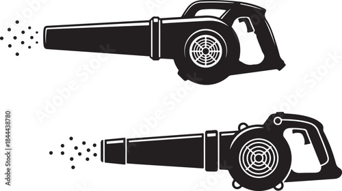 Black silhouette icon illustration featuring two leaf blowers in action