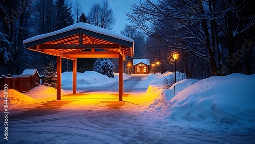carport. Snowy carport illuminated by a warm yellow light on a peaceful evening. mobility guides, transit brochures, designed for transport & logistics marketing, supports logistics messaging.