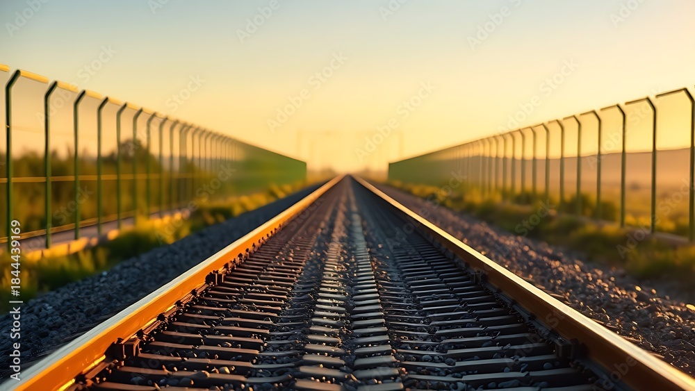 Fototapeta premium ballast. A long railroad track with gravel stretching to the horizon in morning light. mobility guides, transit brochures, designed for transport & logistics marketing.
