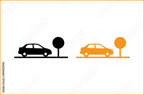 Two car in Black Silhouette and Orange Outline with Parking Meter