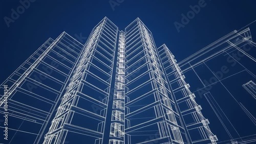 Abstract Architectural Blueprint Against Dark Blue Background with Illuminated Outlines