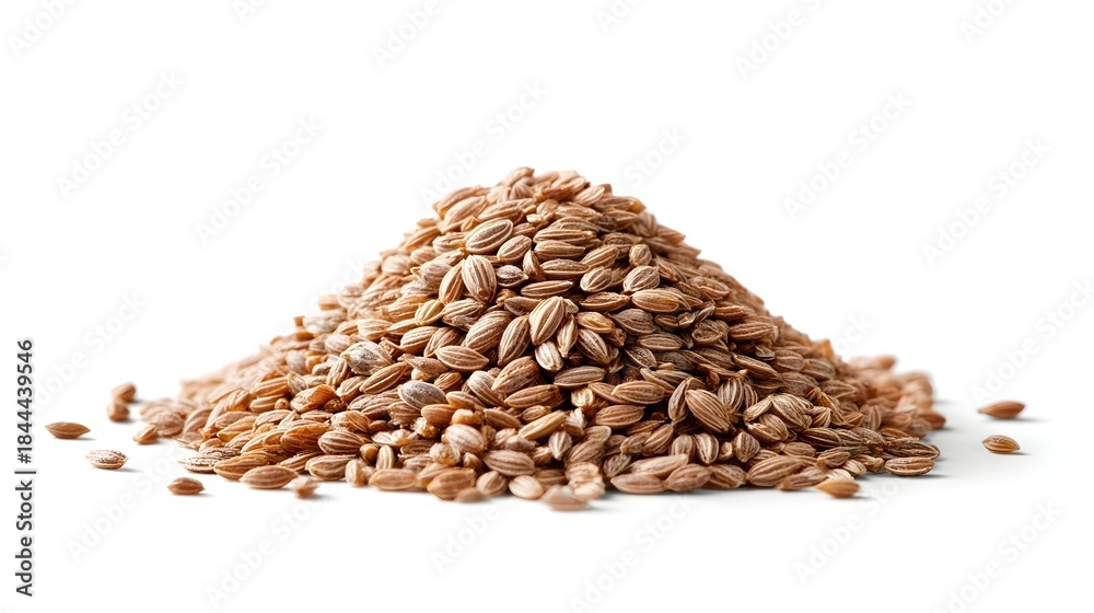 Obraz premium Detailed ro view of a generous heap of numerous small textured oval shaped brown grains or seeds The food ingredients are artfully arranged and isolated against a pure white studio background