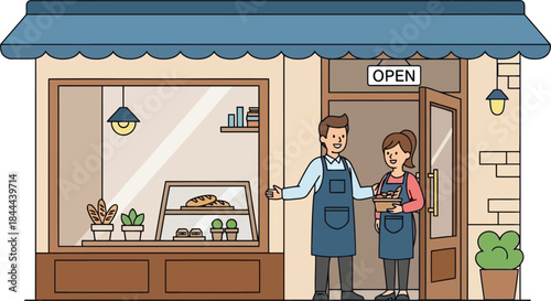 cartoon bakery store with two workers standing outside