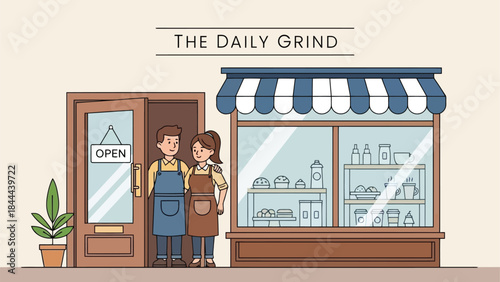 cartoon couple standing in front of coffee shop