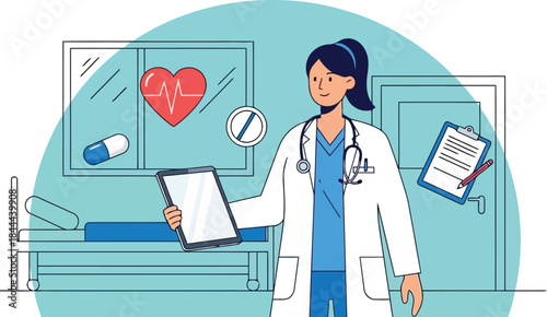 Female doctor holding clipboard in hospital room with medical equipment