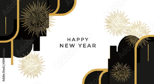 Happy New Year Celebration Design with Golden Fireworks and Modern Geometric Shapes