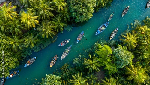 Emerald River with Boats and Palm Trees