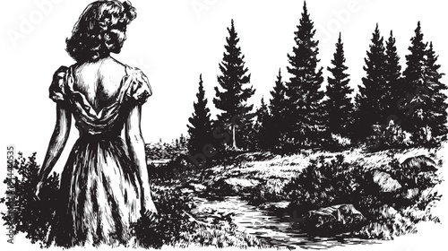 A woman in a dress picks wild herbs in a forest clearing. Detailed pen vector illustration showcasing a serene outdoor landscape with trees and rocks.
