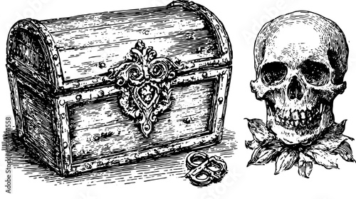 Vintage outline illustration of a treasure chest and skull. Detailed black and white vector illustration showcasing classic symbols of adventure.