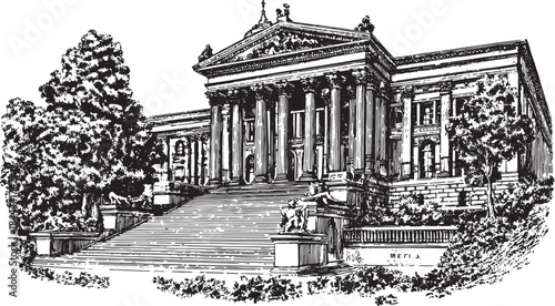 Historic courthouse building drawing in black and white. Detailed architecture vector illustration featuring columns and stairs.