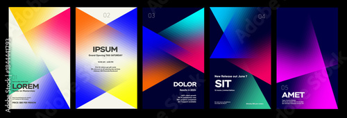 A vibrant set of five modern event posters featuring geometric designs and gradient colors. Each poster highlights different events with bold typography and dynamic layouts, perfect for advertising