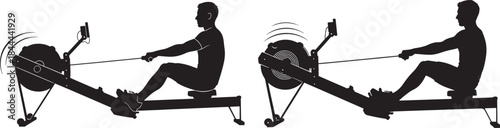 Two people rowing on machines in silhouette