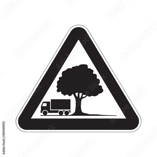Warning sign depicting a truck and tree indicating potential hazard ahead