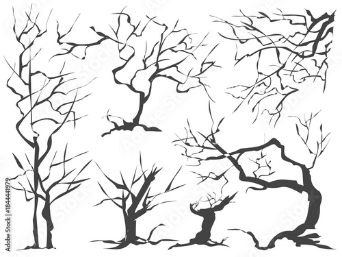 collection of seven stylized silhouettes of dead, bare, or spooky trees and branches. The designs emphasize gnarled, twisted, and angular shapes to evoke feelings of desolation, horror, or a desolate 