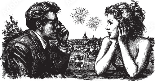 People watching fireworks in a black and white ink drawing. Couple enjoying a drink with a city landscape view in this vector illustration.