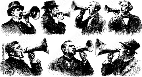 Vintage illustration set of men using megaphones in a detailed engraving style. This black and white vector illustration highlights vocal announcements.