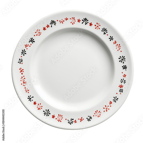 Simple Design of a Round Plate With Red and Black Flower Patterns on the Edge