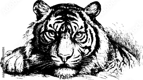 Tiger head illustration in black and white. Detailed wildlife vector art captures the beauty and ferocity of this predator in a clear, concise format.