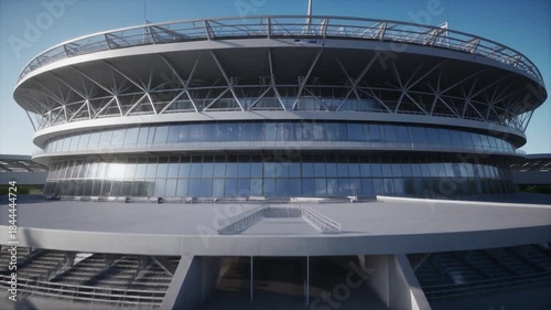 Modern Architectural Structure with Glass Facade on Sunny Day with Green Grass and Blue Sky