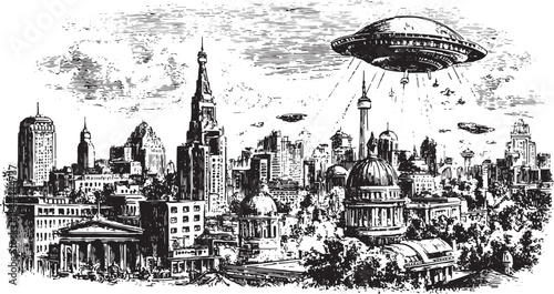 Futuristic city skyline with sci-fi skyscrapers. Hand-drawn illustration featuring UFOs and detailed buildings, in a black and white vector style.