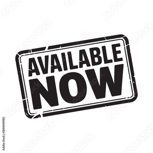 A black stamp with the words available now prominently displayed on a white background