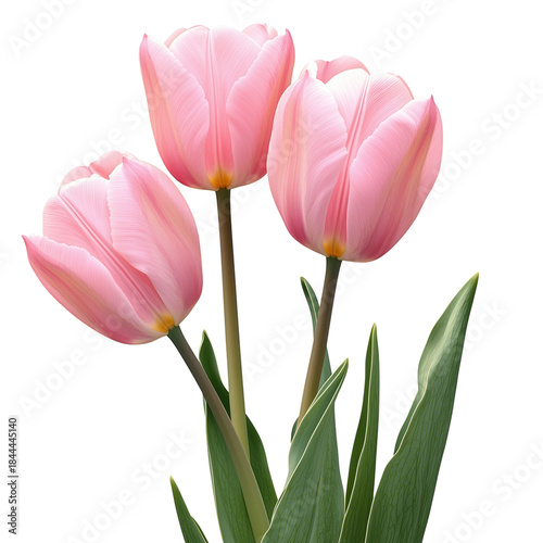 Pink Tulips Stand Tall With Green Leaves Against a White Background in Simple...