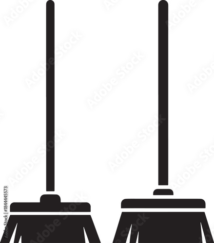 Two broom cleaning tools silhouette