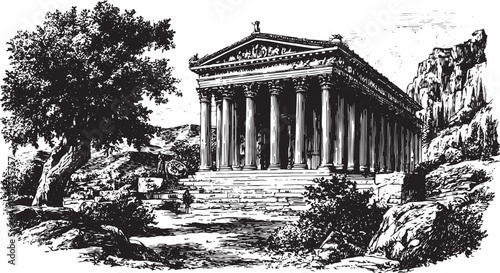 Neoclassical building drawing in pen and ink style. Detailed architecture vector illustration featuring columns, trees, and a scenic outdoor landscape set.