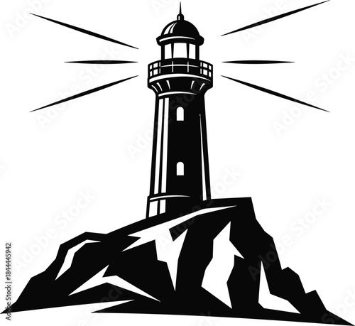 Lighthouse tower silhouette on rocky cliff emitting light beams, vector illustration of nautical navigation symbol, black and white beacon for sea safety guidance