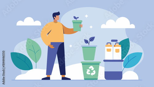 Man holding a plant near recycling bins promoting eco-friendly lifestyle and environmental responsibility