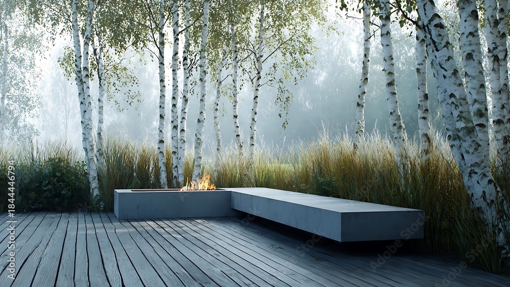 Fototapeta premium Tranquil Scandinavian Garden with Wooden Deck and Cozy Firepit in Misty Landscape