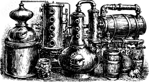 Vintage engraving of distillation equipment set. Detailed black outline vector illustration showcasing antique machinery and barrels in a classic design.