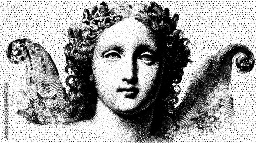 Antique engraving featuring a detailed head silhouette. Hand-drawn black illustration in a vintage style set in vector format.