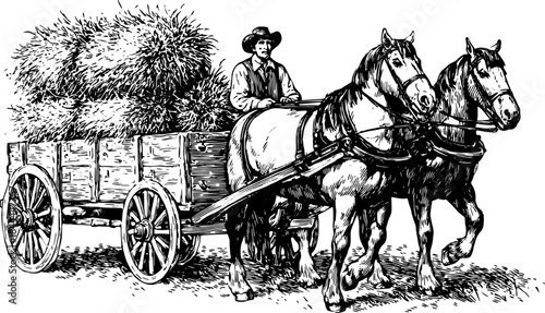 Vintage horse cart illustration with hay. This detailed vector line drawing depicts traditional rural transportation in a farming set.