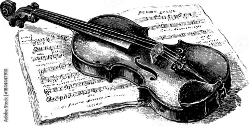 Violin and sheet music. Detailed vintage vector illustration of a classical instrument with music notes in an elegant design set.