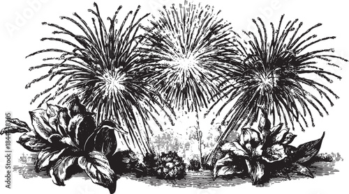 Vintage fireworks exploding in the sky, shown in black and white. Decorative floral elements enhance this retro vector illustration.