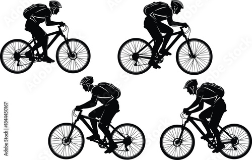 Mountain bike silhouette, cyclist vector set, man riding bicycle with backpack, active sport illustration, black isolated figures, outdoor recreation collection, cycling fitness graphic design