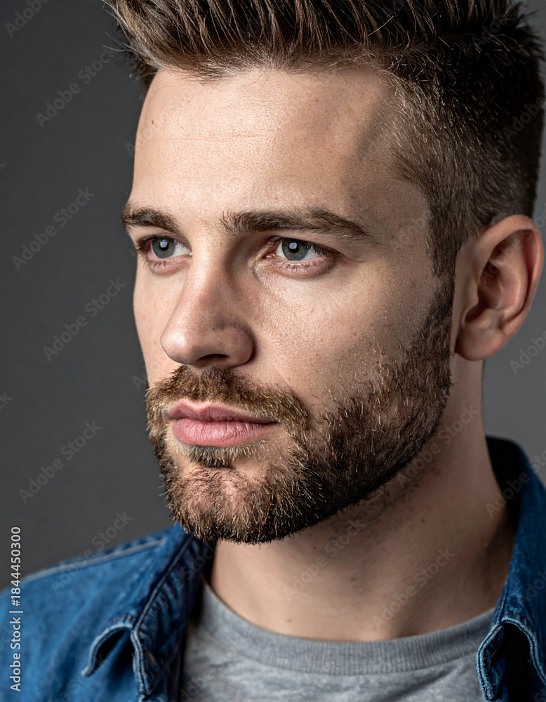 Obraz premium Close-up portrait of a young man with a beard and blue eyes wearing a denim shirt